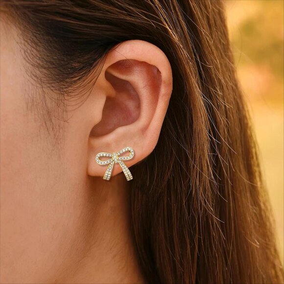 Elegant Gold-tone Cubic Zirconia Bowknot Stud Earrings for Women, Bridal & Daily - Picture 2 of 6